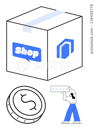 E-commerce, online shopping, delivery services, customer satisfaction, financial transactions, product reviews. Box shipping, coin and person with a rating bar. E-commerce and customer satisfaction 136488779