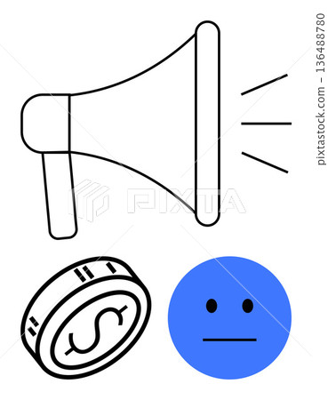 Advertising, finance, emotion, business strategies, audience engagement, feedback analysis. Black megaphone, dollar coin and neutral face icon. Advertising and finance concept 136488780