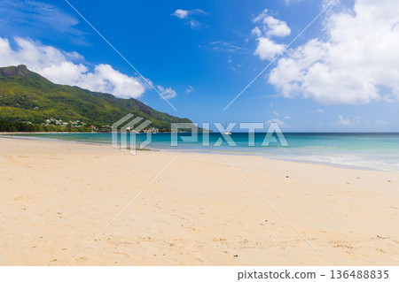 Serene tropical beach featuring white sand and ocean 136488835