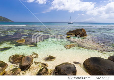 Coastal view of Beau Vallon beach. Natural landscape Coastal view of Beau Vallon beach. Natural landscape 136488840
