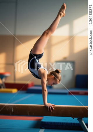 女孩体操平衡木训练场景 136488871
