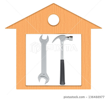 Home repair icon with wrench and hammer, 3D rendering 136488977