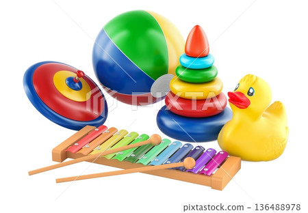 Kids toys including xylophone, rubber duck, stacking rings, ball and spinning top. 3D rendering Kids toys including xylophone, rubber duck, stacking rings, ball and spinning top. 3D rendering 136488978