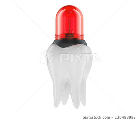 Tooth with red emergency siren. Dental emergency, toothache and urgent dentistry concept, 3D rendering 136488982