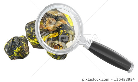 Uranium ore rocks under magnifying glass. 3D rendering 136488984