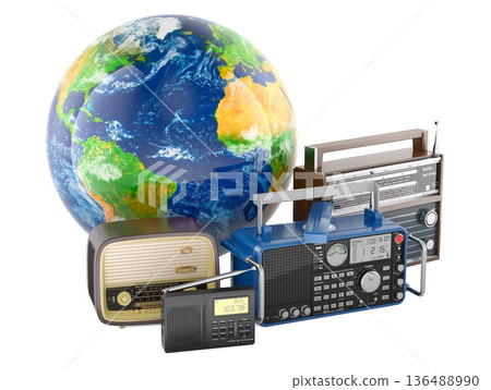 World Radio Day concept with globe and radio receivers, 3D rendering 136488990