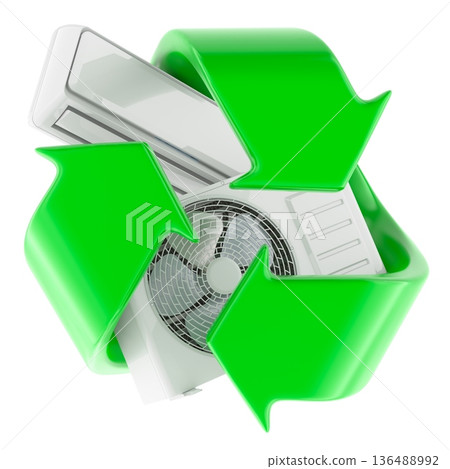 Air conditioner recycling concept with green arrows. 3D rendering Air conditioner recycling concept with green arrows. 3D rendering 136488992