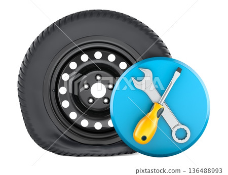 Auto repair and tire service concept. Flat tire wheel with repair tools service icon. 3D rendering 136488993