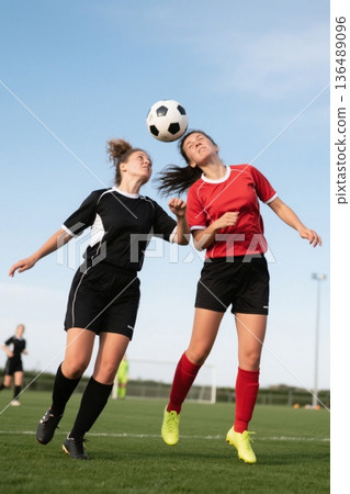 Female soccer players compete for headers on the pitch 136489096
