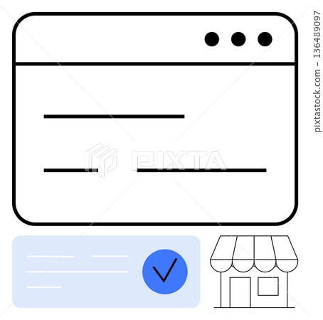 Online shopping, business verification, e-commerce, digital identity, secure transactions, online marketing. Web interface a storefront, blue verification badge and text fields. Business 136489097