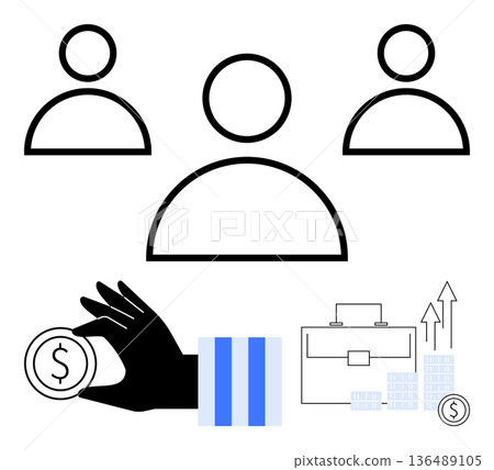 Business strategy, team management, investment, economic growth, corporate planning, decision-making. Iconic elements include people outlines, a hand with a coin and financial symbols. Business 136489105