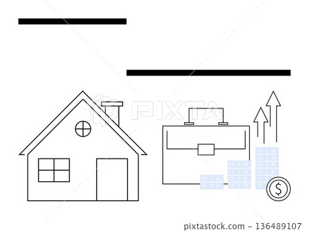 Real estate, financial planning, investment growth, property market, savings strategy, economy. A house, a briefcase rising graphs and currency coins. Real estate and financial planning visual Real estate, financial planning, investment growth, property market, savings strategy, economy. A house, a briefcase rising graphs and currency coins. Real estate and financial planning visual 136489107
