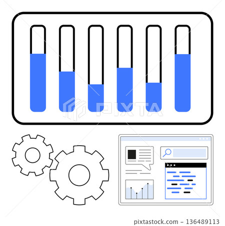 Business analytics, data processing, software development, productivity tools, IT solutions, workflow management. Bar graph, gears and a web interface display. Business analytics and data processing Business analytics, data processing, software development, productivity tools, IT solutions, workflow management. Bar graph, gears and a web interface display. Business analytics and data processing 136489113
