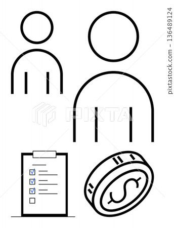 Business planning, financial management, task organization, teamwork, goals tracking, budgeting. Minimalist icons showing two people, a checklist with checkmarks and a dollar coin. Business planning 136489124