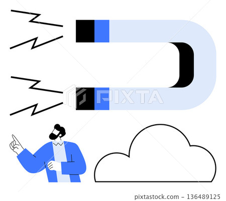 Marketing, attraction, innovation, energy concepts, cloud storage, technology solutions. Magnetic force with energy lines, man gesturing and a cloud. Marketing and attraction creativity symbol 136489125
