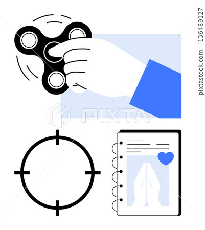 Stress relief, focus improvement, spirituality, mindfulness, goal-setting, productivity. Hand spinning a fidget spinner, target symbol notebook with prayer and heart. Stress relief and focus 136489127