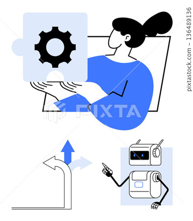 Decision-making, automation solutions, technology development, robotics, strategic planning, business innovation. Woman holding a gear puzzle piece, directional arrow robot icon. Automation 136489136