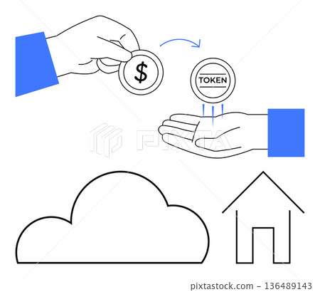Cryptocurrency, digital payments, asset exchange, financial transactions, blockchain, online services. A hand exchanging a dollar coin for a token, with cloud and house symbols. Cryptocurrency Cryptocurrency, digital payments, asset exchange, financial transactions, blockchain, online services. A hand exchanging a dollar coin for a token, with cloud and house symbols. Cryptocurrency 136489143