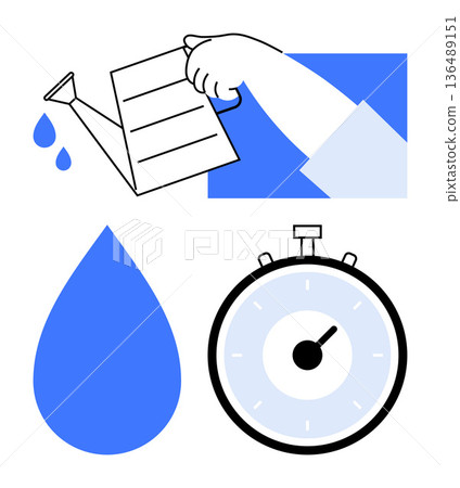 Sustainability, water management, time-saving, goal setting, environmental care, efficiency. Simple elements include a water drop, a stopwatch and a hand pouring water. Sustainability and water 136489151