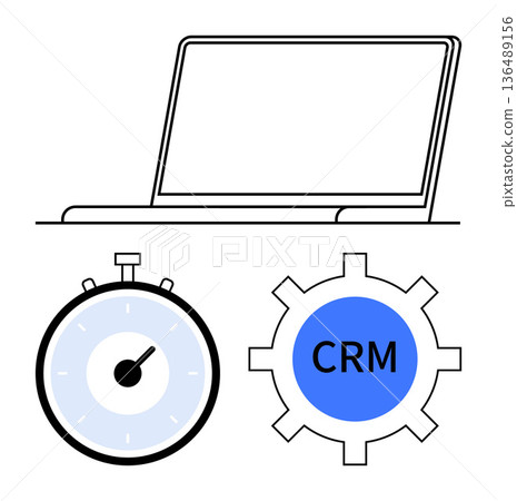 Workflow optimization, time management, CRM systems, business automation, digital tools, productivity. Laptop, stopwatch and CRM gear icon. Workflow optimization and time management concept Workflow optimization, time management, CRM systems, business automation, digital tools, productivity. Laptop, stopwatch and CRM gear icon. Workflow optimization and time management concept 136489156