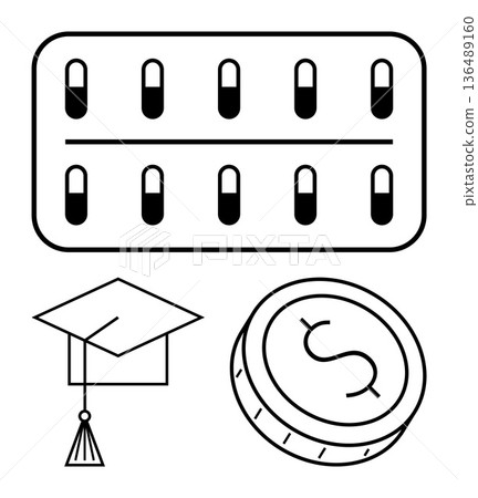 Healthcare costs, education funding, financial planning, cost management, investment, decision-making. a pill pack, graduation cap and dollar coin. Healthcare costs and education funding concepts 136489160