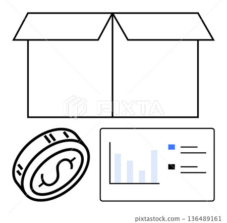 Business operations, financial growth, e-commerce, logistics, packaging, data analytics. An open box, dollar coin and chart. E-commerce and financial growth concepts Business operations, financial growth, e-commerce, logistics, packaging, data analytics. An open box, dollar coin and chart. E-commerce and financial growth concepts 136489161