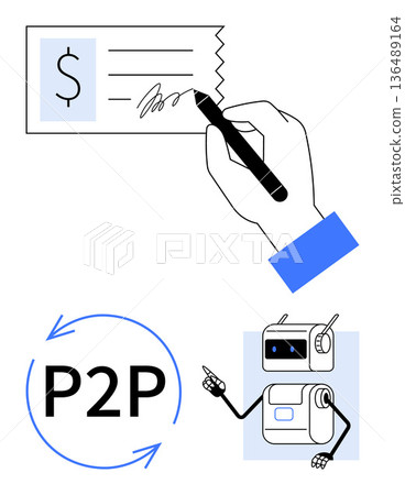 Digital payments, robotics, financial technology, transaction automation, electronic signatures, peer-to-peer payments. Hand signing a check, robotic assistant and P2P arrows. Digital payments Digital payments, robotics, financial technology, transaction automation, electronic signatures, peer-to-peer payments. Hand signing a check, robotic assistant and P2P arrows. Digital payments 136489164