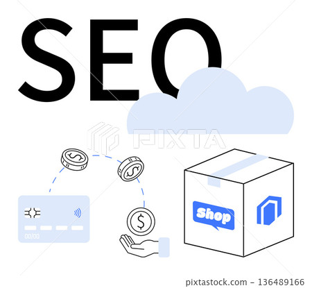E-commerce, SEO, online shopping, payment systems, cloud technology, logistics. ion of SEO text, payment icons and product box. E-commerce and SEO dominate the concept E-commerce, SEO, online shopping, payment systems, cloud technology, logistics. ion of SEO text, payment icons and product box. E-commerce and SEO dominate the concept 136489166