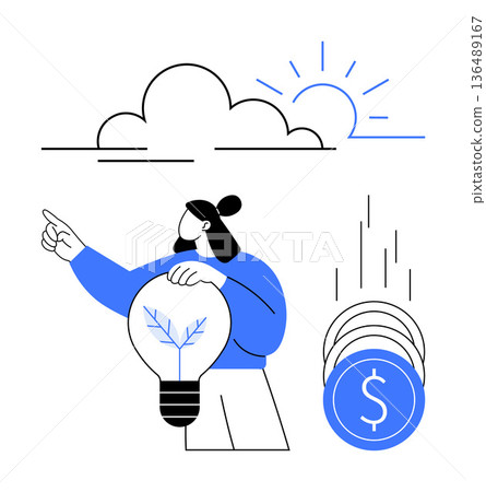 Renewable energy, sustainability, green investments, eco-friendly innovation, financial growth, environmental conservation. Person holding a light bulb with a leaf and pointing forward. Renewable Renewable energy, sustainability, green investments, eco-friendly innovation, financial growth, environmental conservation. Person holding a light bulb with a leaf and pointing forward. Renewable 136489167