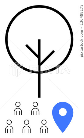 Environmental awareness, sustainability, community building, teamwork, location services, group activities. Minimalist tree, people icons blue location pin. Environmental awareness Environmental awareness, sustainability, community building, teamwork, location services, group activities. Minimalist tree, people icons blue location pin. Environmental awareness 136489175