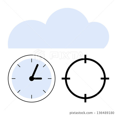 Cloud technology, time tracking, objective management, digital storage, data synchronization, remote access. Clock, cloud and crosshair icon. Cloud computing and time tracking concept Cloud technology, time tracking, objective management, digital storage, data synchronization, remote access. Clock, cloud and crosshair icon. Cloud computing and time tracking concept 136489180
