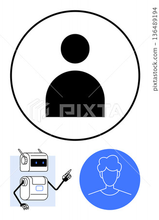 Identity verification, AI technology, user profiling, online authentication, digital interaction, cybersecurity. Black person icon, humanoid robot blue user profile outline. Identity verification 136489194