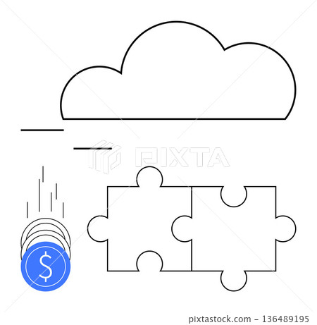Cloud computing, fintech growth, data integration, business solutions, financial technology, digital economy. Minimalist design cloud, coins and puzzle pieces. Cloud computing and fintech concept 136489195