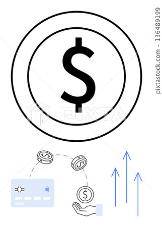 Financial planning, digital banking, economic growth, online payments, contactless technology, electronic transactions. Dollar coin, hand payment card and upward arrows. Financial planning 136489199