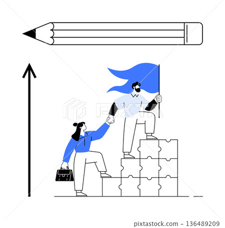 Leadership, teamwork, education, goal setting, business growth, collaboration. Two people climbing puzzle blocks, one holding a flag. Leadership and teamwork concept in creative form 136489209