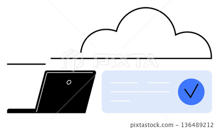 Cloud computing, data security, digital authentication, online access, file storage, cloud technology. A laptop, cloud icon and verification checkmark signify secure data. Cloud computing and data Cloud computing, data security, digital authentication, online access, file storage, cloud technology. A laptop, cloud icon and verification checkmark signify secure data. Cloud computing and data 136489212