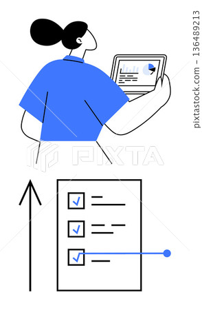 Data analysis, productivity tracking, goal setting, project management, task completion, performance evaluation. Woman reviewing data on tablet, checklist and arrow upward. Data analysis Data analysis, productivity tracking, goal setting, project management, task completion, performance evaluation. Woman reviewing data on tablet, checklist and arrow upward. Data analysis 136489213