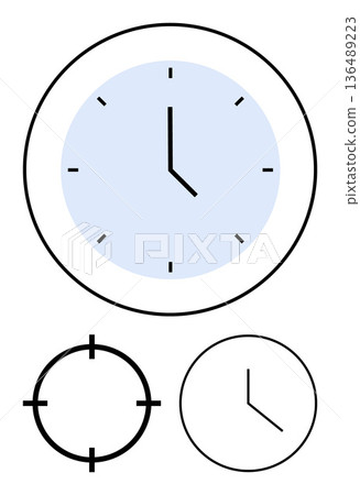 Time tracking, productivity, focus, scheduling, precision, minimalism. Circular clock showing a specific time with focus and target variations. Time tracking and productivity concept Time tracking, productivity, focus, scheduling, precision, minimalism. Circular clock showing a specific time with focus and target variations. Time tracking and productivity concept 136489223