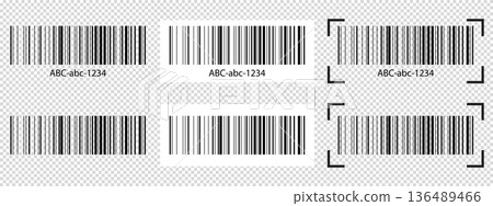 Set of barcode tag samples with scanner frames. Bar code labels isolated on transparent background. Stickers with visual presentation of digital data product information. Vector graphic illustration 136489466
