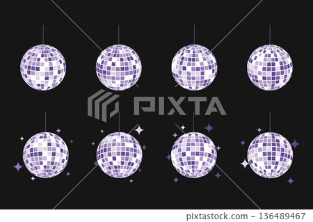 Set of purple discoballs with glitters isolated on black background. Music party shining spheres. Glitterball shapes. Mirror balls for nightclub retro discotheque. Vector flat illustration 136489467