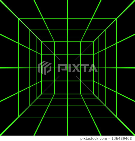 Square green neon light wireframe in perspective on black background. Room, portal or studio grid structure in futuristic cyberpank style. Metaverse or virtual reality space. Vector illustration Square green neon light wireframe in perspective on black background. Room, portal or studio grid structure in futuristic cyberpank style. Metaverse or virtual reality space. Vector illustration 136489468