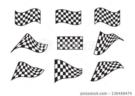 Set of wavy rally flags without sticks with checkered black and white texture. Start or finish signals on sport car competitions. Rally, karting or motocross props. Vector graphic illustration Set of wavy rally flags without sticks with checkered black and white texture. Start or finish signals on sport car competitions. Rally, karting or motocross props. Vector graphic illustration 136489474