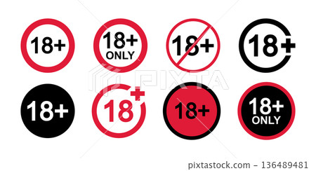 Set of eighteen plus icons. Number 18 in circle isolated on white background. Age censor signs. Movie viewing, website visiting, adult only or alcohol age limit labels. Vector flat illustration Set of eighteen plus icons. Number 18 in circle isolated on white background. Age censor signs. Movie viewing, website visiting, adult only or alcohol age limit labels. Vector flat illustration 136489481