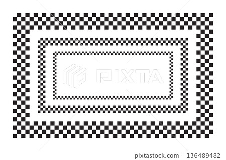 Set of rectangle frames with checkered black and white print. Rectangular vignettes with checkerboard, race flag or chess board textures isolated on white background. Vector graphic illistration Set of rectangle frames with checkered black and white print. Rectangular vignettes with checkerboard, race flag or chess board textures isolated on white background. Vector graphic illistration 136489482