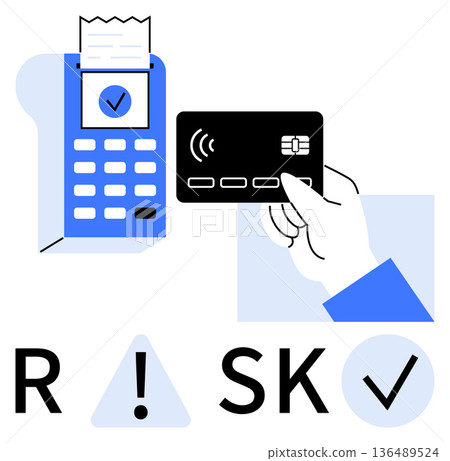 Digital payments, financial security, risk management, cashless transactions, e-commerce, technology. Hand holding a card near a terminal with checkmark and risk warning icons. Financial security Digital payments, financial security, risk management, cashless transactions, e-commerce, technology. Hand holding a card near a terminal with checkmark and risk warning icons. Financial security 136489524