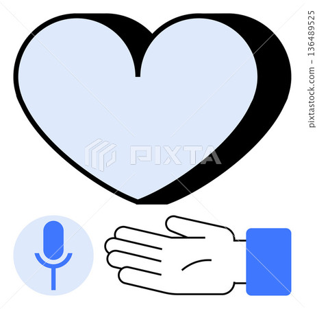 Communication, emotional connection, customer support, care services, technology, audio interaction. A heart shape, hand gesture and microphone icon. Communication and emotional connection concept Communication, emotional connection, customer support, care services, technology, audio interaction. A heart shape, hand gesture and microphone icon. Communication and emotional connection concept 136489525