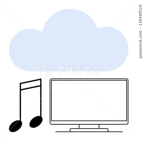 Cloud computing, media streaming, entertainment platforms, digital storage, music sharing, technology. A cloud, music notes and a computer monitor. Cloud computing and media streaming concept 136489528