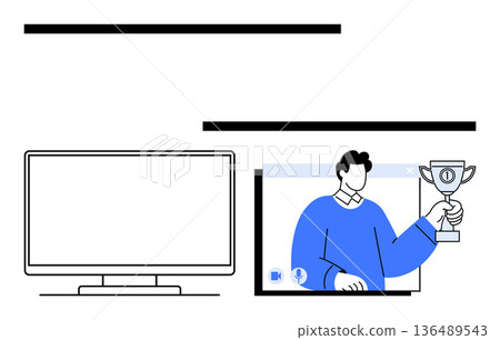 Online education, digital awards, remote teamwork, online achievements, virtual collaboration, video conferencing. Person on a screen holding a trophy. Online achievements and digital awards concept 136489543
