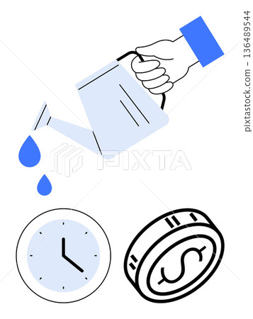 Investment, financial growth, time management, wealth creation, savings, business strategy. Hand pouring water with a coin and clock. Investment and financial growth concepts 136489544