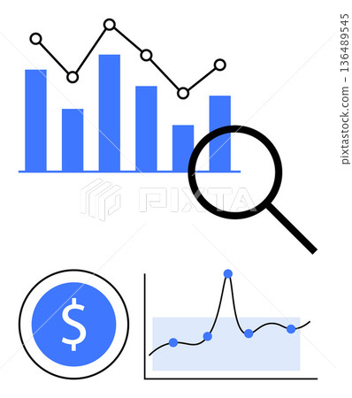 Data analysis, financial planning, business trends, market research, performance monitoring, investment strategies. Bar chart, magnifying glass dollar symbol line graphs . Data analysis 136489545